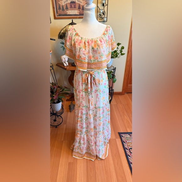 Pink Lily Maxi Ruffled Tiered Size Small Floral Cream Pink Women’s Belted Dress - Picture 1 of 15